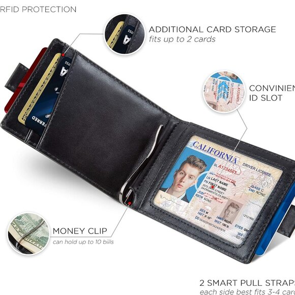Men's Slim Bifold Wallet with RFID Protection - Full Grain Leather & Money Clip - Picture 4 of 6
